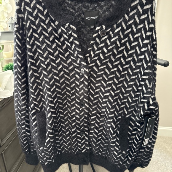 Liverpool Sweaters - Liverpool Black and White Herringbone Knit Cardigan